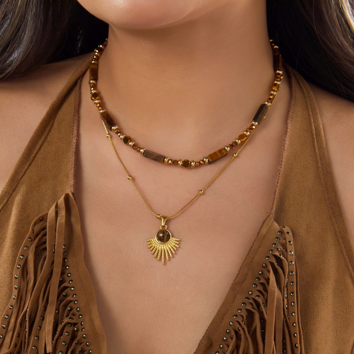 Aesthetic Autumn Brown Natural - Layered Pendant Necklace Aesthetic ulasan dan harga