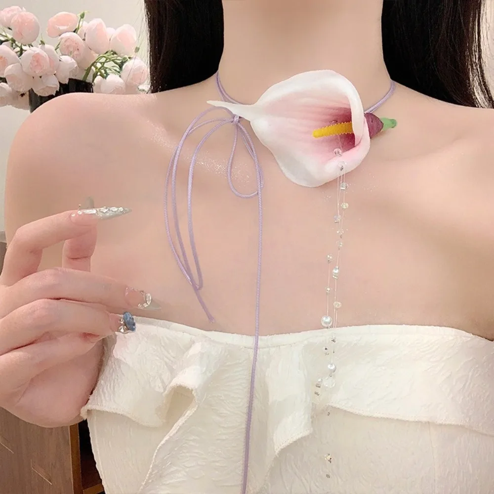 Fashion Exaggerated Calla Lily - Pearl Choker Necklace Vintage ulasan dan harga